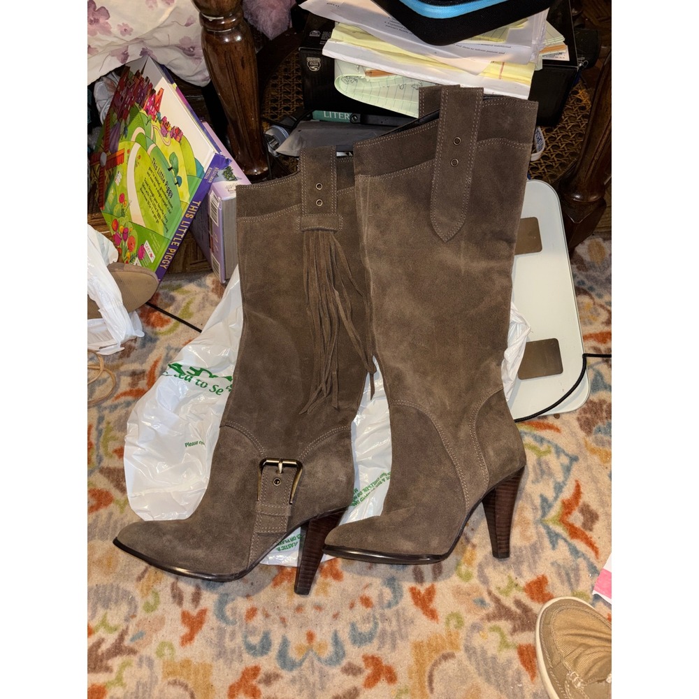Colin Stuart Tan Suede Pointed Toe Stiletto Ankle Boots Buckle Detail Size 7B